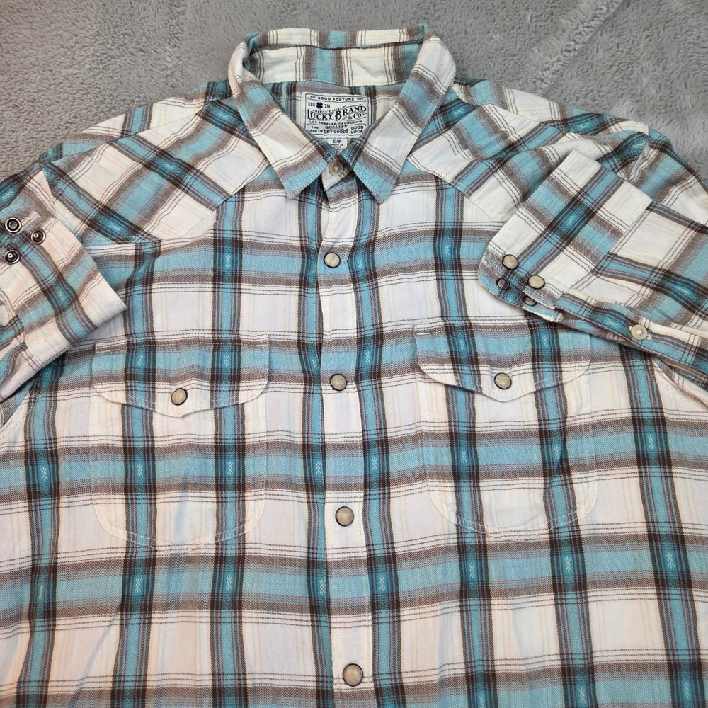 Lucky Brand Western Snap Shirt Mens Small Blue Brown Plaid Pearl Button Long Slv